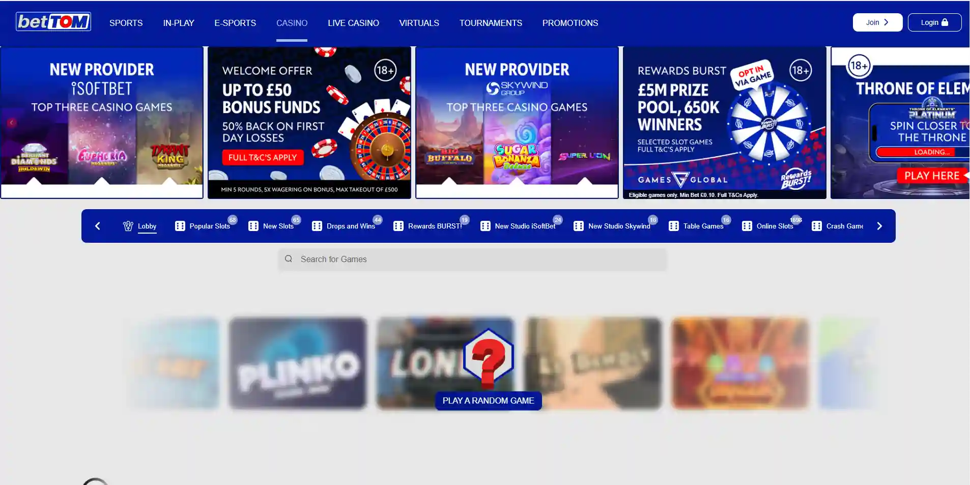 Current BetTOM casino interface showing the brand in context