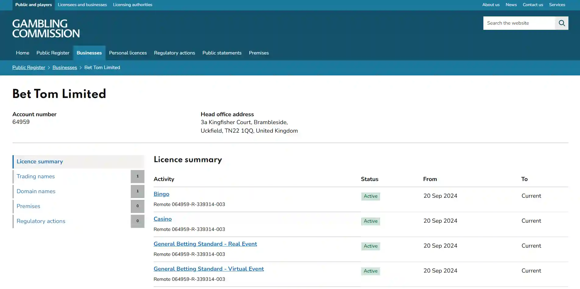 UK Gambling Commission public register entry for Bet Tom Limited