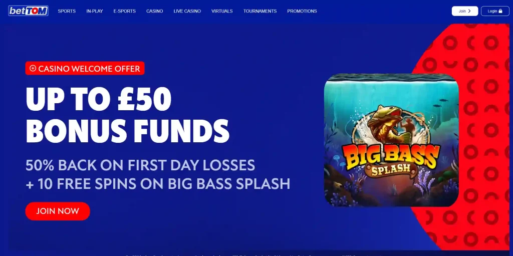 Current BetTOM casino welcome offer page showing the loss-back promotion