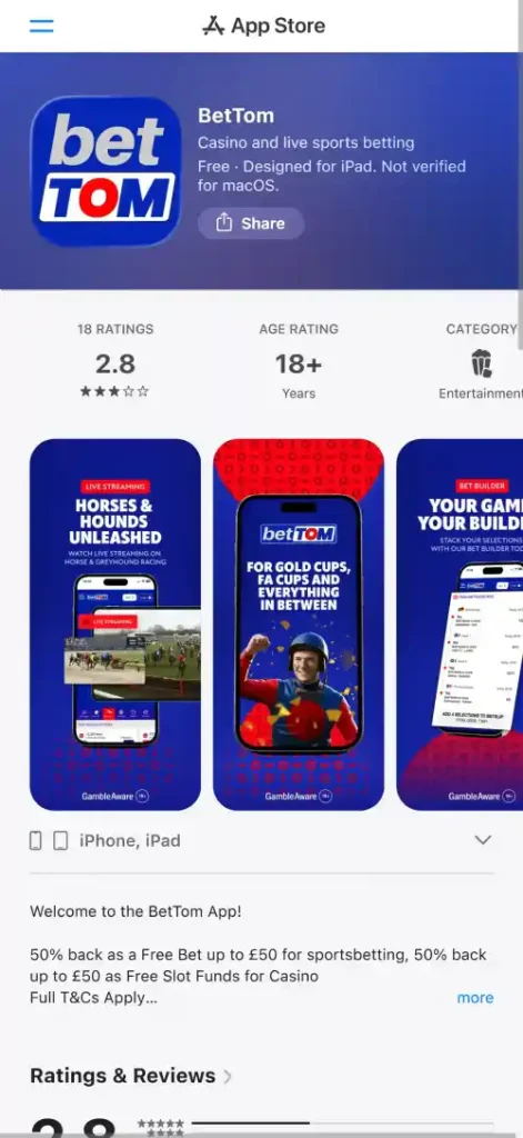 Current BetTom listing in the UK Apple App Store