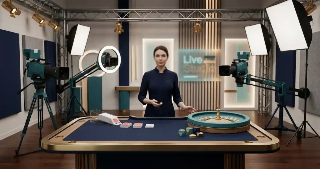Live casino studio with a dealer table and streaming equipment