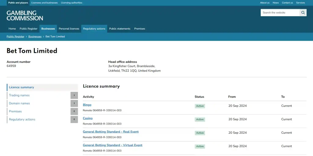 UK Gambling Commission licence summary for Bet Tom Limited account 64959